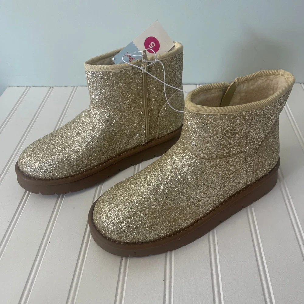 NWT Cat Jack Kids Gold Glitter Faux Fur Lined Ankle Boots Size 5 Zip Up Sparkle